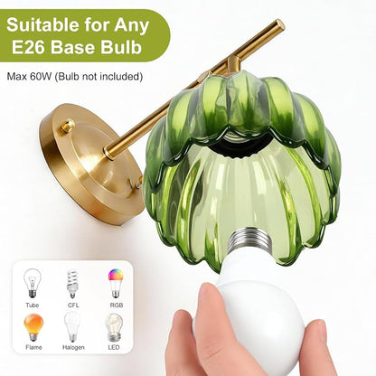 Vintage Wall Sconces Set of 2 with Green Tulip Glass Lampshade, Hardwired and Wireless Wall Mounted Light Fixtures (2 Usage Methods), Gold Lamp with Switch for Bedside Bedroom Living Room Wall Decor