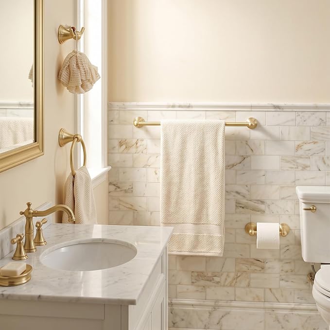 4-Piece Bathroom Hardware Accessories Kit, Zynuhmo Brushed Gold Towel Bar Set Wall Mounted with 20'' Towel Bar, Towel Ring & Toilet Paper Holder, Robe Hook Set Fixtures for Modern Farmhouse Bathroom