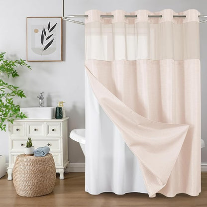 No Hook Shower Curtain with Snap in Fabric Liner, Waffle Weave Heavy Duty Thick Shower Curtains with Mesh Top Window, Hotel Style Waterproof Bathroom Curtain Set, 72 x 75 Inch, Blush Pink