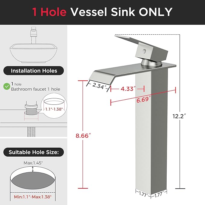 Forious Vessel Bathroom Sink Faucets 1 Hole Brushed Nickel, Tall Waterfall Bathroom Faucet Single Handle with Pop Up Drain and Supply Lines, Deck Mount