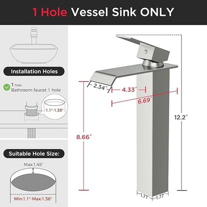 Forious Vessel Bathroom Sink Faucets 1 Hole Brushed Nickel, Tall Waterfall Bathroom Faucet Single Handle with Pop Up Drain and Supply Lines, Deck Mount