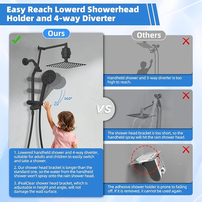 10" Metal Rain Filtered Shower Head with Handheld, 10 Modes, Easy Reach | Black, High-Pressure Rainfall Showerhead, 4-Way Diverter Pause Mode, Adjustable 16" Extension Arm, 20-Stage Shower Filter