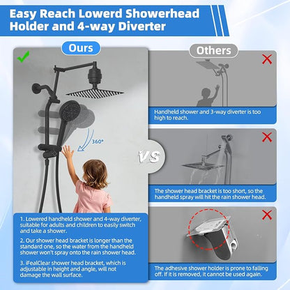 10" Metal Rain Filtered Shower Head with Handheld, 10 Modes, Easy Reach | Black, High-Pressure Rainfall Showerhead, 4-Way Diverter Pause Mode, Adjustable 16" Extension Arm, 20-Stage Shower Filter