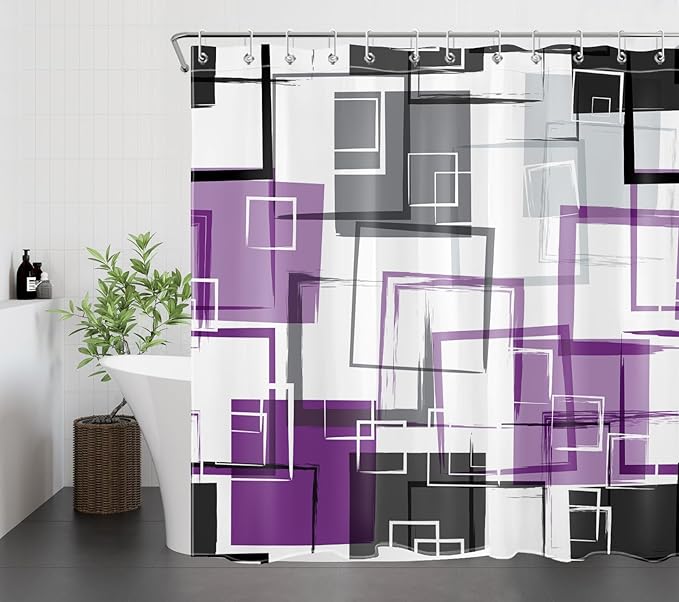 Purple Geometric Modern Shower Curtain for Bathroom,Grey Black and White Abstract Striped Shower Curtain with Hooks Mid Century Minimalist Bathroom Shower Curtain Set,72L X 72W inches