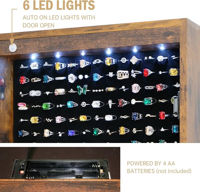 Full Length Mirror with Storage Shelves Jewelry Armoire Cabinet | Organizer Standing with 20 LED Lights Lockable and 2 Drawers (Rustic Brown) Adjustable Tilt Angles Gift for Her