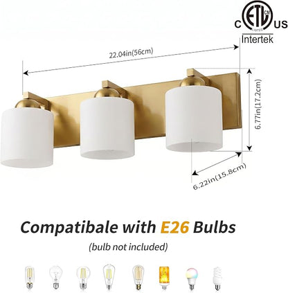 mirrea 3-Light Brushed Gold Bathroom Vanity Light with White Glass Shades | Over Mirror,Wall Sconce,ETL listed,Bathroom Lighting Fixtures,Elegant Design,Milk White Glass Shade,Easy Installation