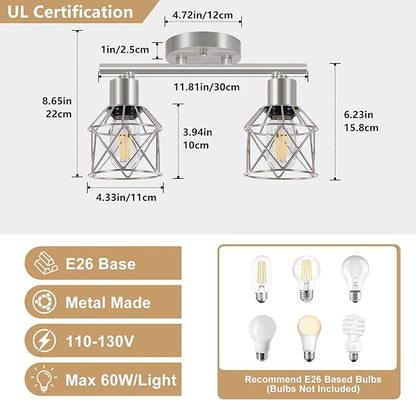2-Light Brushed Nickel Semi Flush Mount Ceiling Light, Hallway Light Fixtures with Metal Wire Cage, Vintage Adjustable Track Spotlight Ceiling Fixtures for Dining Room, Farmhouse, Entryway