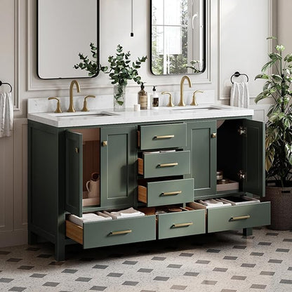 ARIEL Cambridge 60 Inch Double Rectangle Sink Bathroom Vanity with Carrara White Quartz Countertop 1.5 Inch in Vintage Green