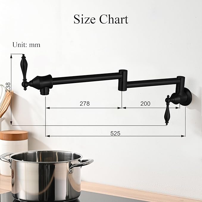 Pot Filler Faucets with Brass Wall Mount Double Joint Swing Arms for Kitchen, Sink, Stove and Bar - Leak Free Designs with High-Flow Aerators - Retractable & Folding for Space Saving - Matte Black