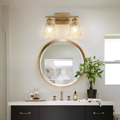 Mecgirn Stainless Steel Bathroom Vanity Light Over Mirror, 2 Light Brushed Gold Bathroom Light Fixtures with Textured Glass Shades, Modern Vanity Lighting Wall Mount