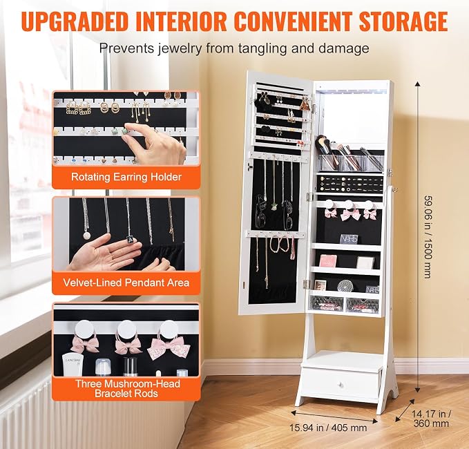VEVOR Jewelry Cabinet Armoire, 62-Inch Tall Lockable Jewelry Organizer with Full-Length Mirror, LED Light, Velvet Lining, Drawer, Freestanding, White