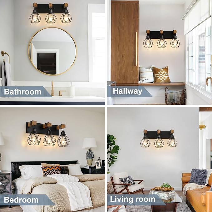 VbiTmn Bathroom Light Fixtures,3 Light Black Farmhouse Wood Vanity Lights | Rustic Design, Diamond Metal Shades, Easy to Install, Wall Sconces for Bathroom, Bedroom, Makeup Area, Over Vanity Mirror