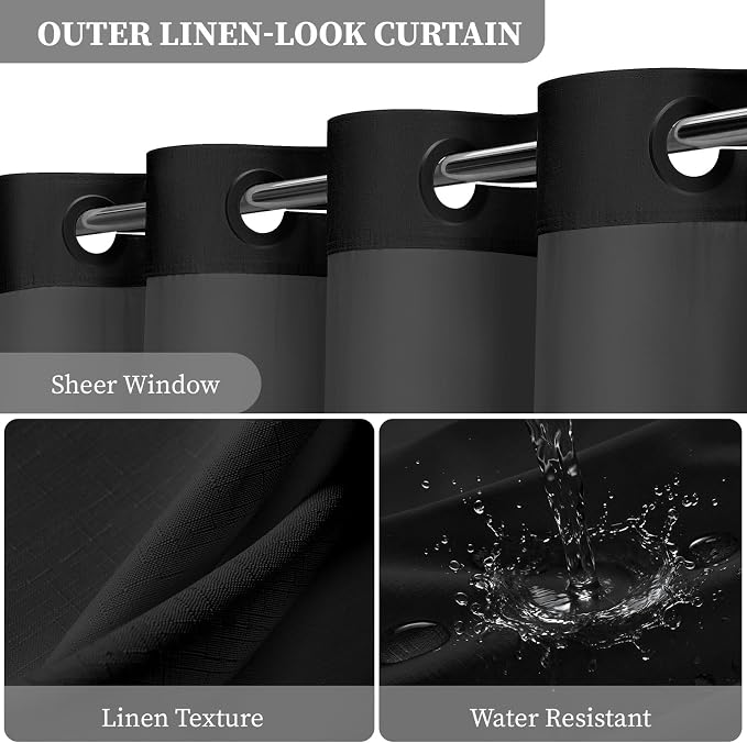 72x78 Ringless Linen Textured Shower Curtain with Snap in Liner, Black | Long Size, 3 in 1 Shower Curtain Set, Removable Liner, Waterproof & Washable, Mesh Top Window, Durable Fabric, Easy Setup