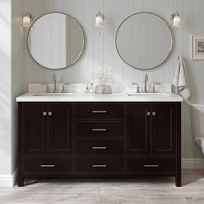 ARIEL Cambridge 66-inch Bathroom Vanity with Sink,Solid Wood, 1.5-inch Pure White Quartz Countertop, Double Rectangular Porcelain Sink, 4 Soft Closing Doors, 6 Dovetail Drawers, Espresso