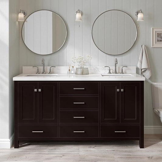 ARIEL Cambridge 66-inch Bathroom Vanity with Sink,Solid Wood, 1.5-inch Pure White Quartz Countertop, Double Rectangular Porcelain Sink, 4 Soft Closing Doors, 6 Dovetail Drawers, Espresso
