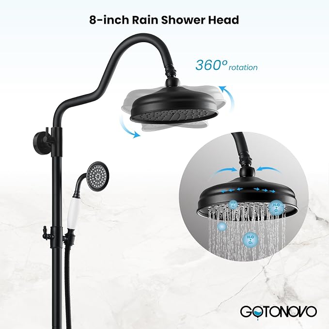 gotonovo Exposed Bathroom Shower System Vintage Shower Fixture 8 Inch Rainfall Shower Head Handheld Spray Tub Filler Brass Pipe 3-Function Wall Mount Double Cross Knobs Matte Black