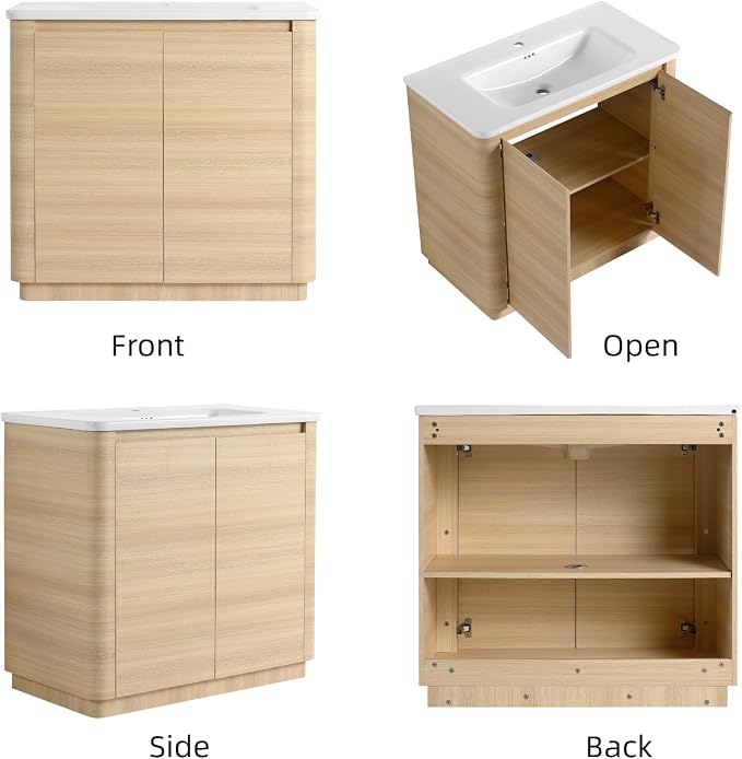 36" Bathroom Vanity with Ceramic Sink, Freestanding Bathroom Vanity with 2-Soft-Close Door, Soft-Closing Hinges & Hidden Handles for Home, Farmhouse, Easy to Clean Design, White Oak