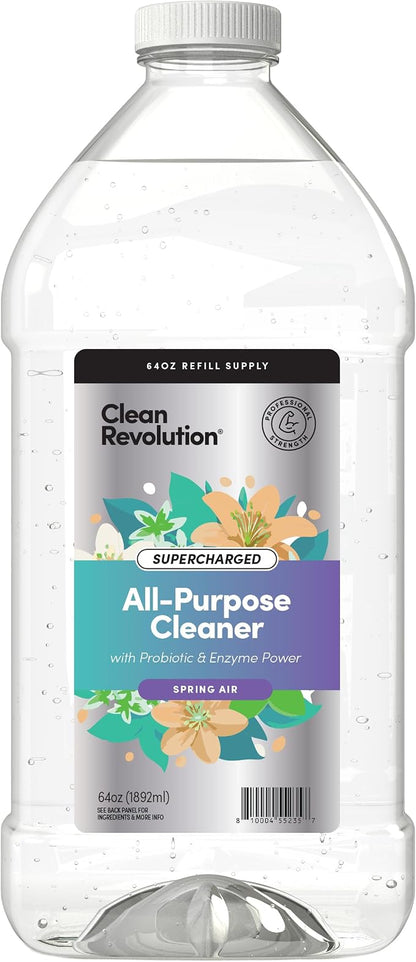 Clean Revolution SuperCharged All Purpose Cleaner Refill with Smart Probiotic + Enzyme Complex, Multi-Surface Kitchen Bathroom & Floor Cleaner, Spring Air, 64 Fl oz (Pack of 1)