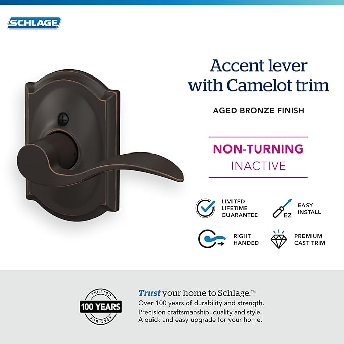 Schlage F170 ACC 716 CAM RH Right Handed Accent Door Lever with Camelot Trim, One Sided Non-Turning Dummy Door Handle, Aged Bronze