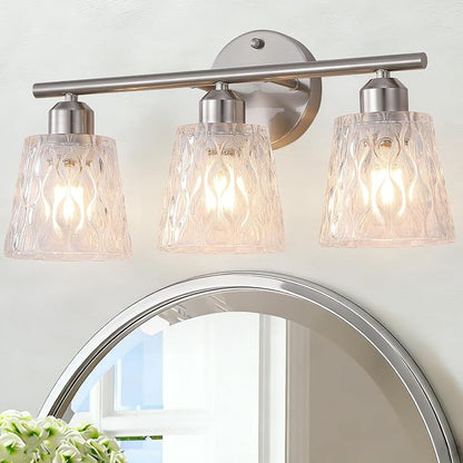 Brushed Nickel Bathroom Light Fixture, 3-Light Modern Vanity Light Over Mirror with Textured Glass Shades, Stainless Steel Construction, E26 Sockets (Bulbs Not Included)
