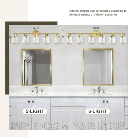 Crystal Bathroom Light Fixtures,Bathroom Lighting Fixtures Over Mirror, Modern 5-Light Gold Vanity Lights for Mirror, Restroom,Kitchen(Ceramic E26 Socket,Bulbs Not Include)