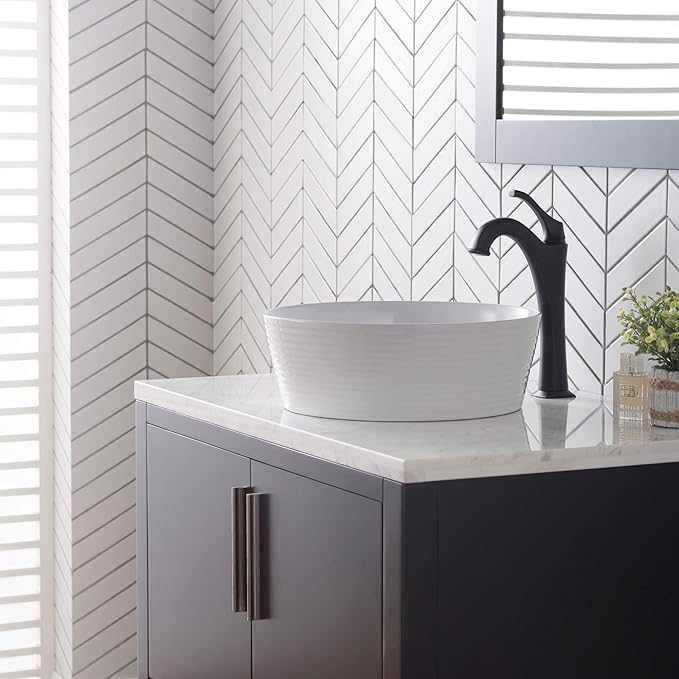 KRAUS Viva™ Round White Porcelain Ceramic Vessel Bathroom Sink, 15 3/4 in. D x 5 3/8 in. H, KCV-205GWH