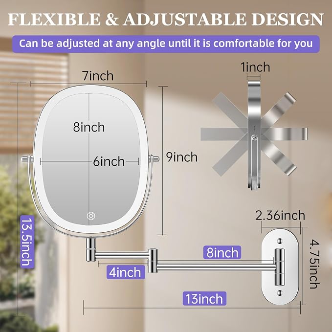 FUNTOUCH 5000mAh Rechargeable Wall Mounted Lighted Makeup Mirror, Chrome | Double Sided 30X/1X Magnifying Mirror Wall Mounted,Extended Arm 360°Rotation,Touch Dimmable,3 Color Lights for Bathroom