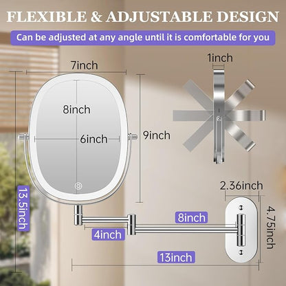 FUNTOUCH 5000mAh Rechargeable Wall Mounted Lighted Makeup Mirror, Chrome | Double Sided 30X/1X Magnifying Mirror Wall Mounted,Extended Arm 360°Rotation,Touch Dimmable,3 Color Lights for Bathroom