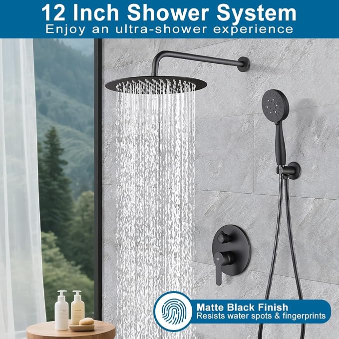 Matte Black Shower Faucet Set, All Metal 12 Inch Round Shower Head and Handle Set, Bathroom Rainfall Shower System, Wall Mounted Shower Fixtures, Include Shower Valve and Trim Kit