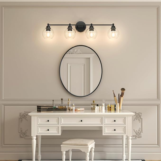 VONLUCE 4 Light Bathroom Vanity Light Fixtures, Black Finish | Globe Glass Shades, E26 Sockets, Easy to install, Vanity Lights for Bedroom Hallway Living Room
