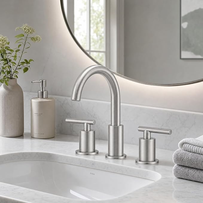 Widespread Bathroom Faucet 2 Handle Vanity Sink Faucet Brush Nickel | SUS 304 Stainless Steel, 360° Swivel Spout, Pop-up Drain, Ceramic Valve, Aerated Stream, 20-Min DIY Install