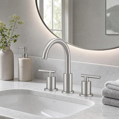 Widespread Bathroom Faucet 2 Handle Vanity Sink Faucet Brush Nickel | SUS 304 Stainless Steel, 360° Swivel Spout, Pop-up Drain, Ceramic Valve, Aerated Stream, 20-Min DIY Install