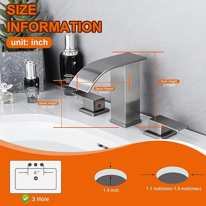 Waterfall Bathroom Sink Faucet 3 Hole, Brushed Nickel Bathroom Faucet, 8 Inch Widespread Bathroom Faucet Modern with Pop Up Drain Parts 3 Piece Mixer Double Handle