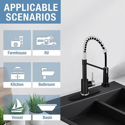 DJS Kitchen Faucets with Pull Down Sprayer Matte Black & Brushed Nickel - Single Handle 1 or 3 Holes Spring Kitchen Sink Faucet with Deck Plate for Farmhouse RV Vessel Basin