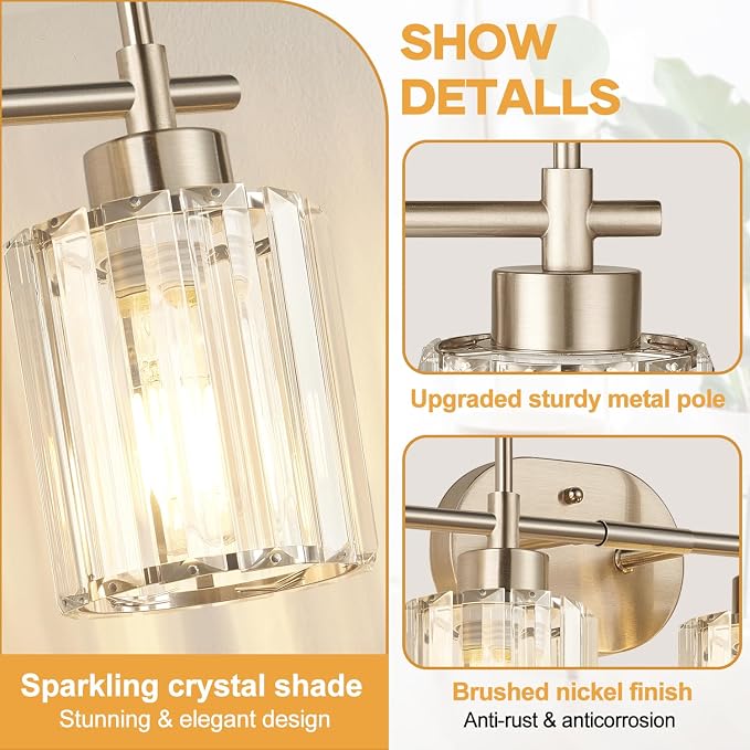 Modern Crystal Vanity Light Fixtures, 4-Light Brushed Nickel Bathroom Vanity Lighting Over Mirror, Bathroom Light Fixture with K9 Clear Crystal Shades for Bedroom, Living Room, Hallway