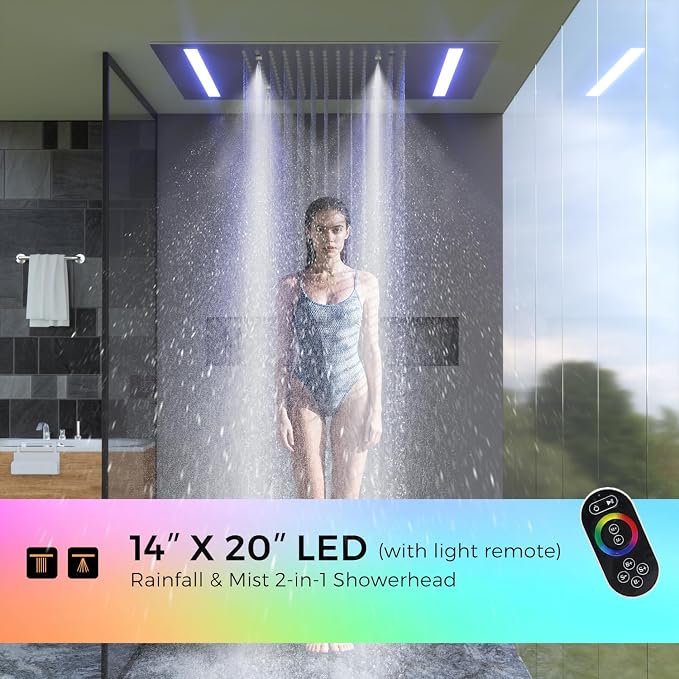 Luxury 20x14in LED Rainfall Mist Dual Shower System Can Run Togther | 4-way Thermostatic Digital Display Brass Valve, Ceiling Flush Mount Showerhead and 6in Tilt Shower, Brass Handheld, Chrome