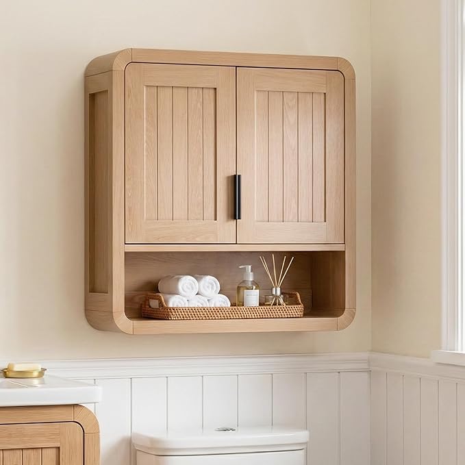 Premium Bathroom Wall Cabinet, Engineered Wood Medicine Cabinet with Soft-Close Doors & Child-Safe Rounded Edges, Modern Farmhouse Storage Organizer for Laundry, Kitchen