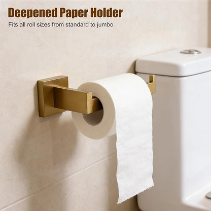 5-Pieces Brushed Gold Bathroom Hardware Set, SUS 304 Stainless Steel 24.48 Inch Square Towel Bar Set with Towel Ring Robe Towel Hooks and Paper Towel Holder for Bathroom Wall Mounted