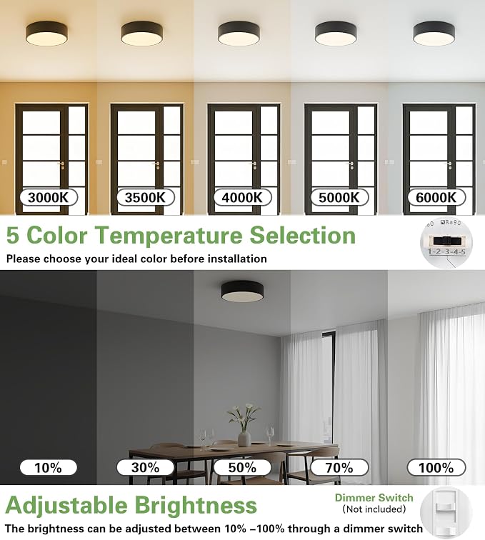 Modern LED Round Flush Mount Ceiling Light Fixture,Black,11.81 inch | Dimmable,24Watts,Bright Adjustment,5CCT 3000K/3500K/4000K/5000K/6000K,Matte,Metal,for Kitchen,Bedroom,Bathroom,Hallway,Closet
