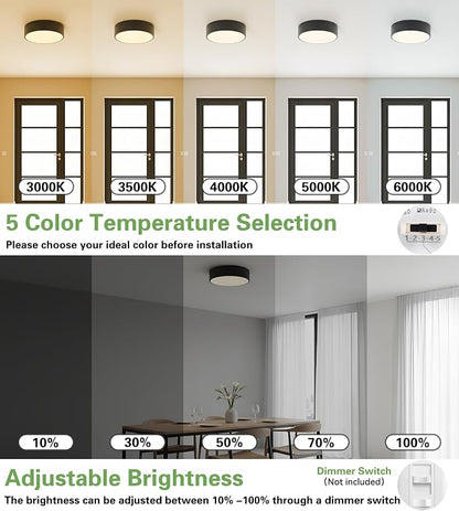 Modern LED Round Flush Mount Ceiling Light Fixture,Black,11.81 inch | Dimmable,24Watts,Bright Adjustment,5CCT 3000K/3500K/4000K/5000K/6000K,Matte,Metal,for Kitchen,Bedroom,Bathroom,Hallway,Closet
