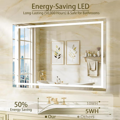 32"x48" LED Bathroom Mirror with Lights, Anti-Fog, Backlit+Frontlit | CRI 95, Stepless Dimmable, 3 Colors Lighting, Shatterproof Tempered Glass, HD Reflection, Memory, (Horizontal/Vertical)