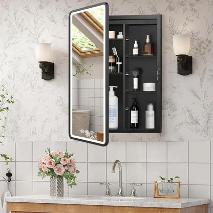 LED Medicine Cabinet with Mirror 16x24 inch, Lighted Cabinet Mirror for Bathroom Storage, Anti-Fog, 3 Colors Dimmable, Black Metal Frame with Adjustable Shelves, Wall Mount or Recessed