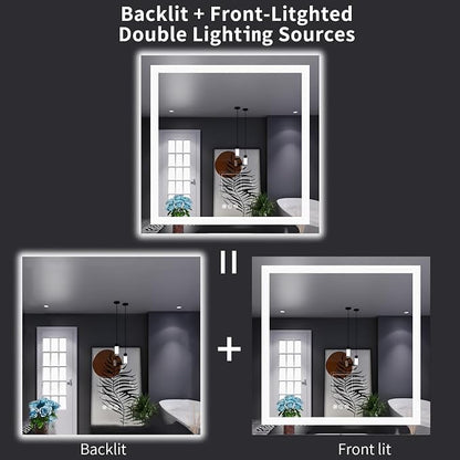 LOAAO 38"X38" LED Bathroom Mirror with Lights, Anti-Fog, Dimmable, Backlit + Front Lit, Lighted Bathroom Vanity Mirror for Wall, Memory Function, Tempered Glass, Shatter-Proof, ETL Listed | Anti-Fog, Dimmable, 3 Color Temperature, Backlit + Front Lit, ...