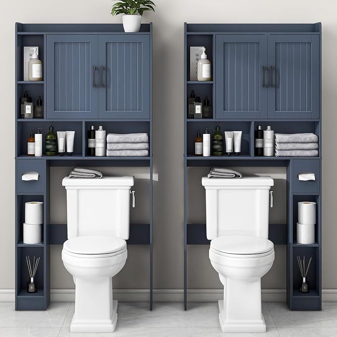 Vabches Farmhouse Over The Toilet Storage Cabinet with Barn Door, Blue | Storage Cabinet Over Toilet, Home Space-Saving Toilet Rack, for Bathroom, Restroom, Laundry