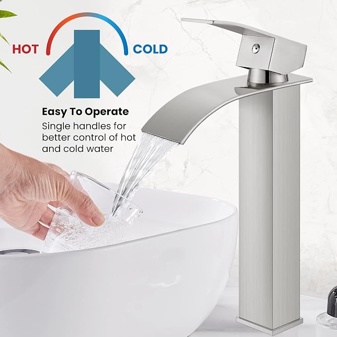 gotonovo Waterfall Tall Bathroom Faucet 1 Hole No Drain, Brushed Nickel | Modern Vessel Sink Faucet Single Handle 304 Stainless Steel,24” cUPC Supply Hoses,for Bowl Basin Lavatory Vanity Restroom RV
