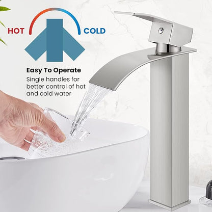 gotonovo Waterfall Tall Bathroom Faucet 1 Hole No Drain, Brushed Nickel | Modern Vessel Sink Faucet Single Handle 304 Stainless Steel,24” cUPC Supply Hoses,for Bowl Basin Lavatory Vanity Restroom RV