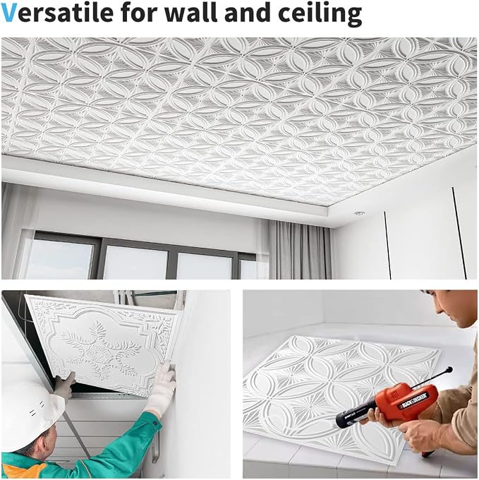 Art3d Decorative PVC Drop Ceiling Tile 2ft x 2ft in White,Glue up Ceiling Panel 24 x 24in.12pcs | Waterproof, Break-Proof, Wipeable Surface, Scratch Resistant, Compatible with Grid System, Ideal for Commercial Spaces