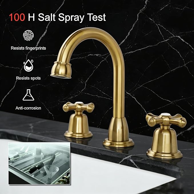 RKF Bathroom Faucets for Sink 3 Hole Gold 8 inch Widespread Bathroom Sink Faucet with Drain 2 Handles Cross Knobs Faucet Vanity Faucet Basin Mixer Tap with Hose & Deck CWF039-BG