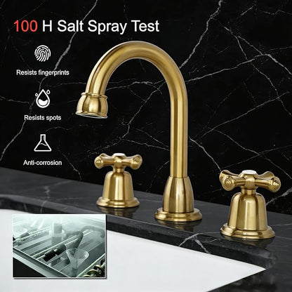 RKF Bathroom Faucets for Sink 3 Hole Gold 8 inch Widespread Bathroom Sink Faucet with Drain 2 Handles Cross Knobs Faucet Vanity Faucet Basin Mixer Tap with Hose & Deck CWF039-BG