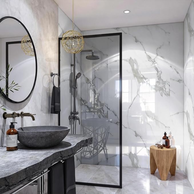 Marble Peel and Stick Waterproof Wall Paneling, 118" x 47" Carrara White Glossy Finish Self-Adhesive Backsplash Tile Vinyl Wall Panel for Kitchen Bathroom Wall Decor, Covers 38.75 Sq. Ft.